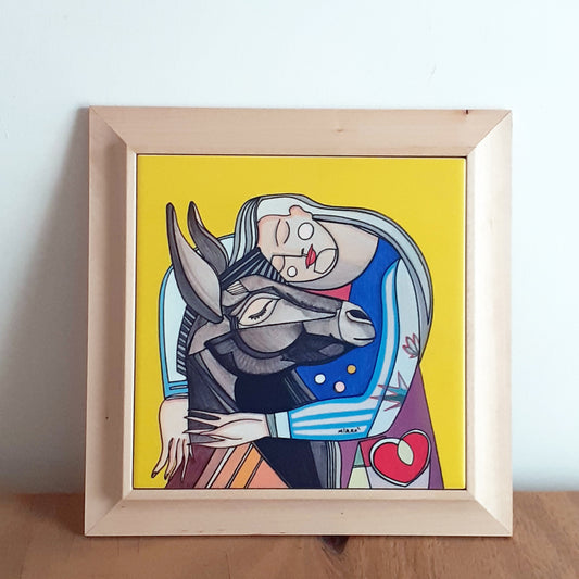 Ceramic tile 20X20 with wooden frame Woman with Donkey "Limited Edition"