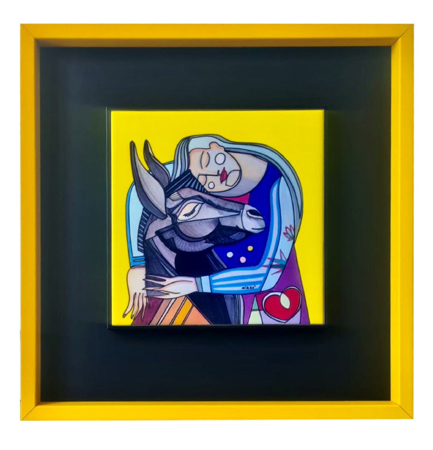 Ceramic tile 20x20 with yellow wooden frame Woman with Donkey